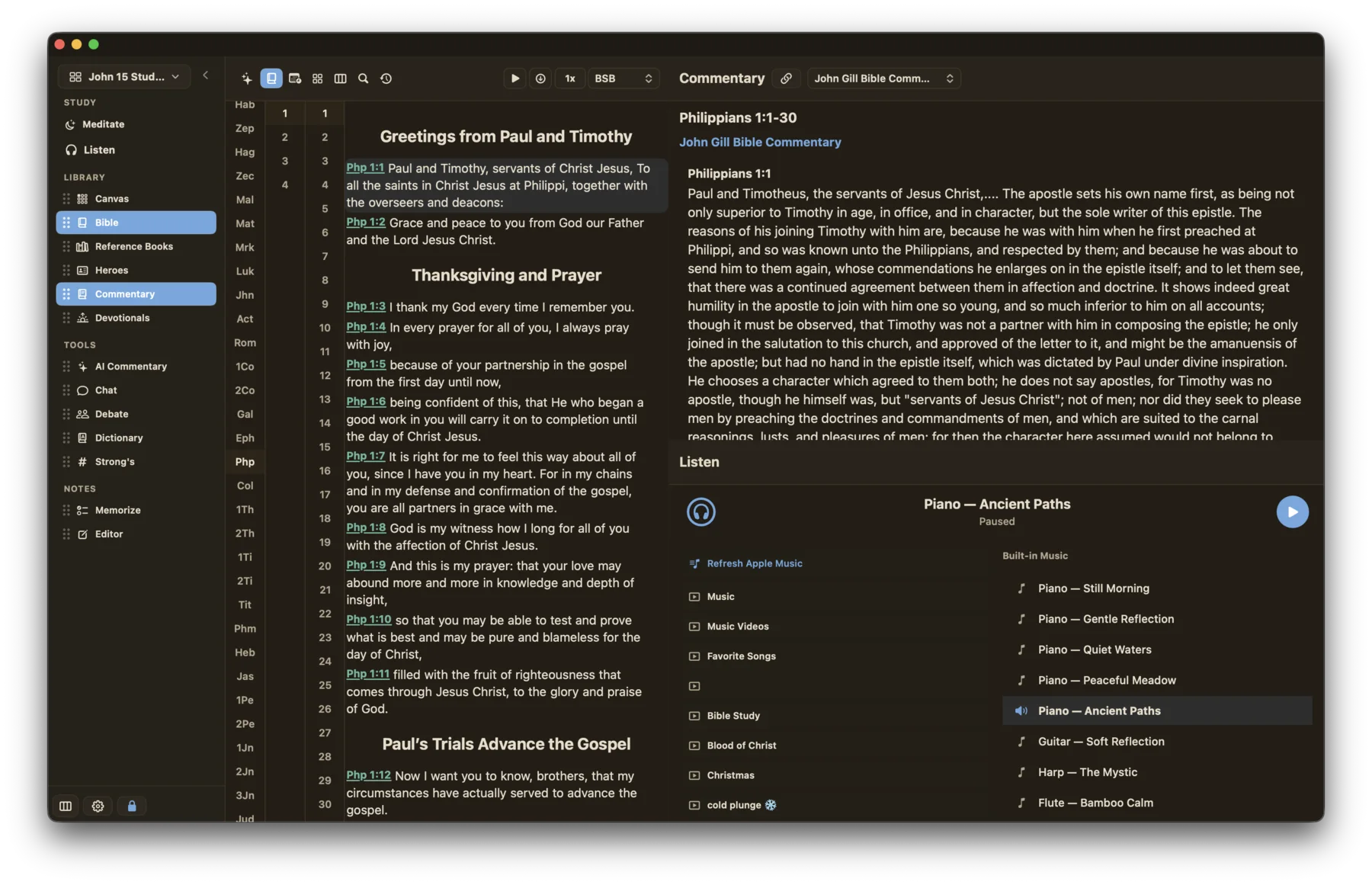 Maranatha dark commentary view with Scripture, John Gill commentary, and built-in music