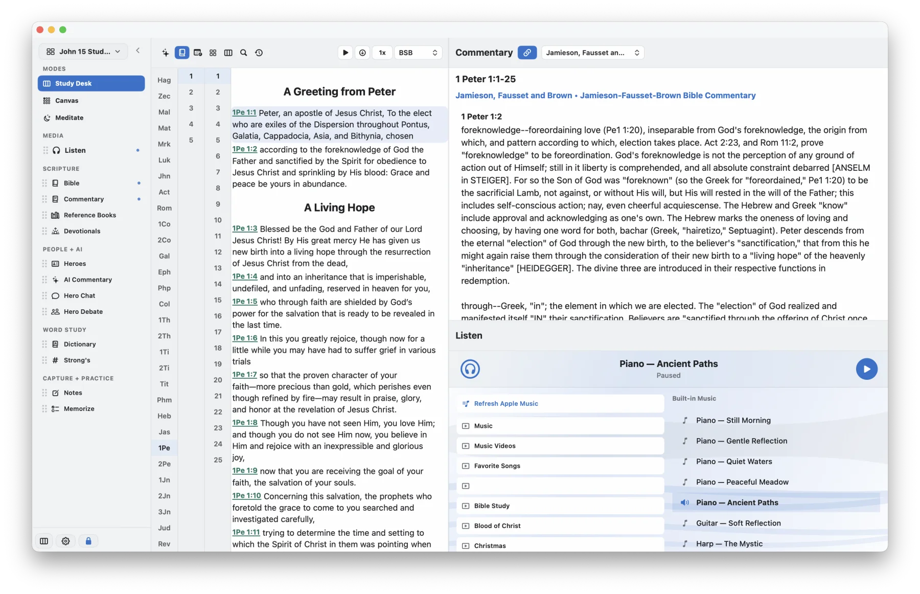 Maranatha commentary view with Scripture and built-in music controls