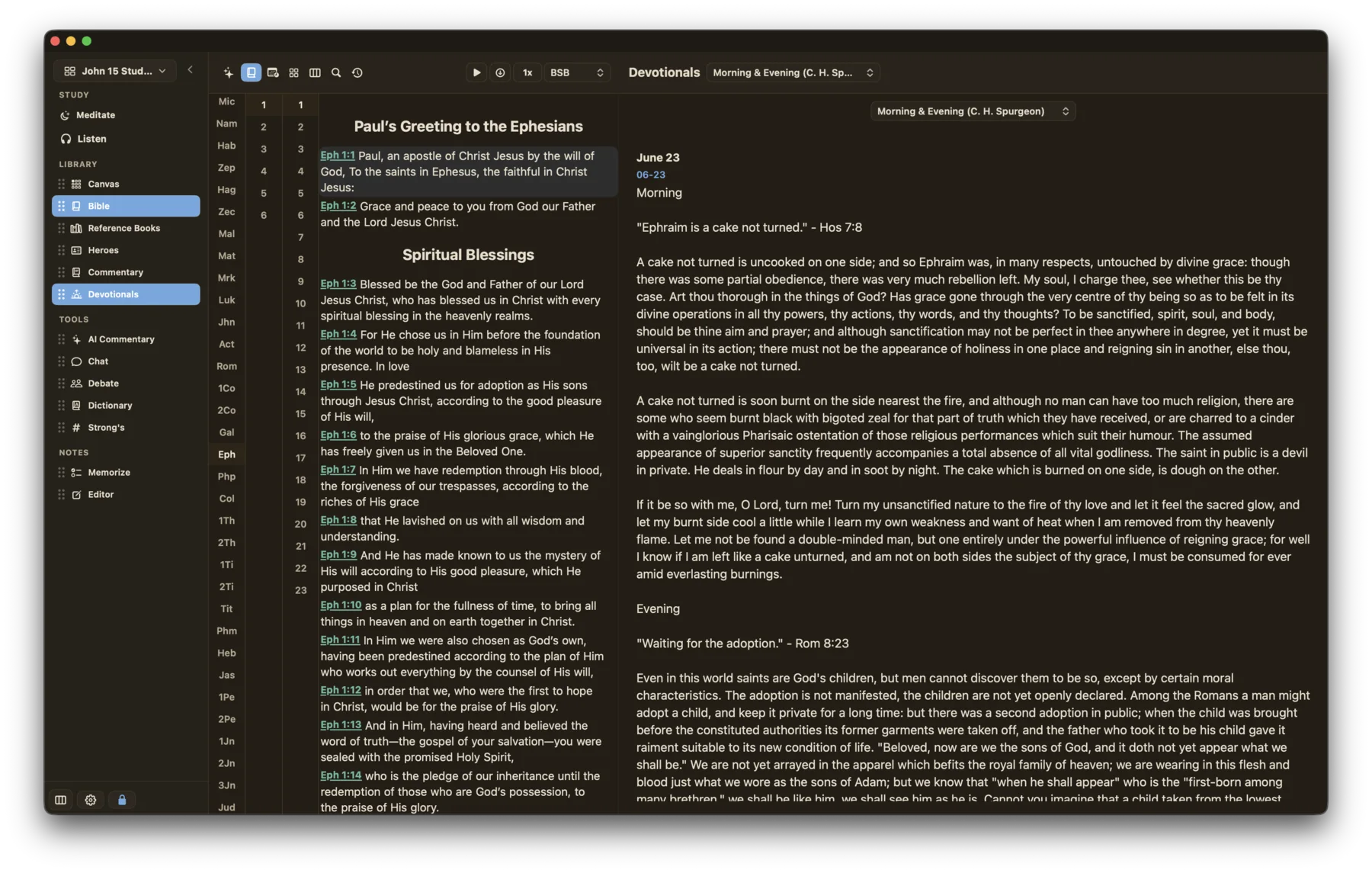 Maranatha dark devotional reading view with Bible and Morning and Evening