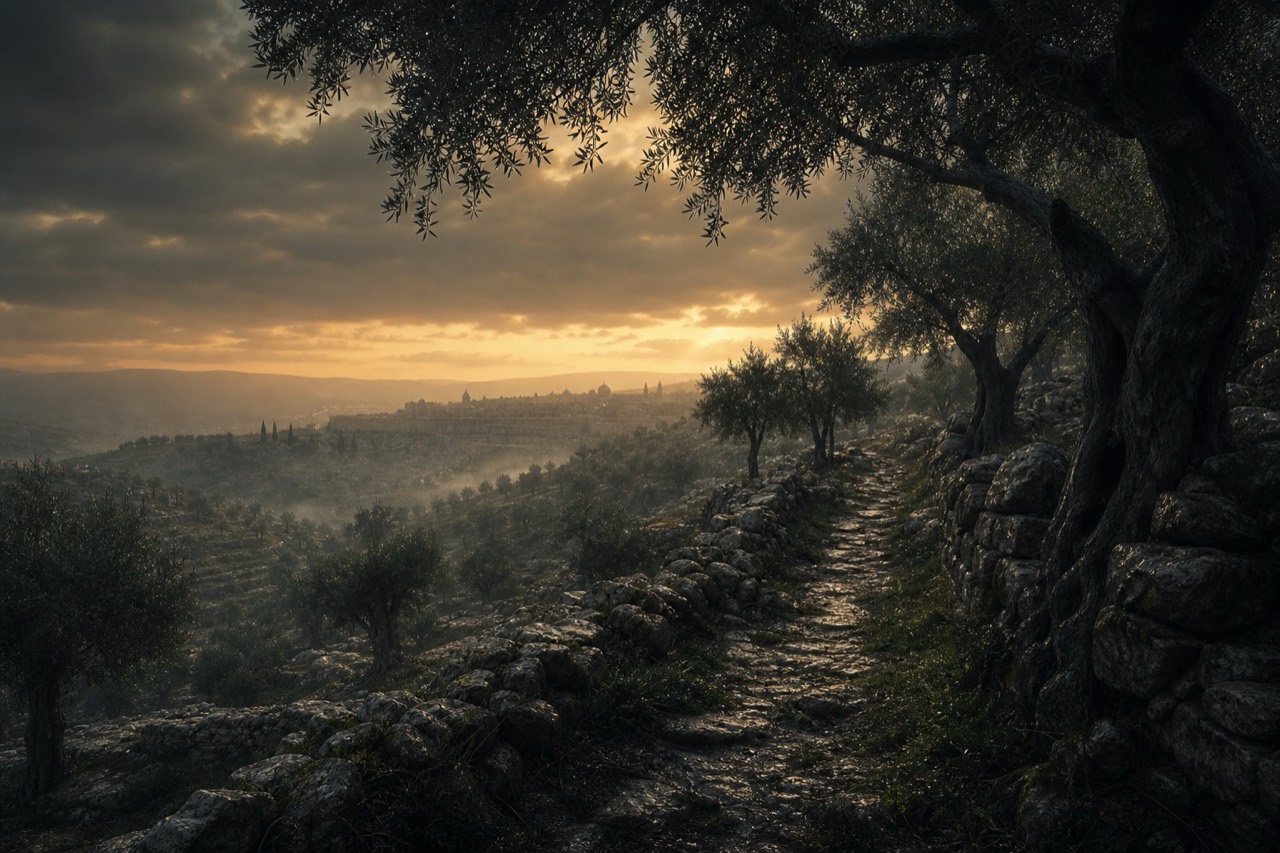 A twilight garden path near Gethsemane